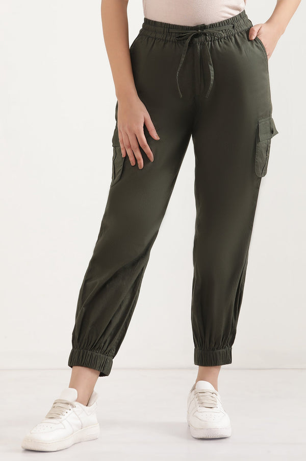 Elleven Women's Olive Green Solid Tapered Cotton Pants with Elasticated Waist