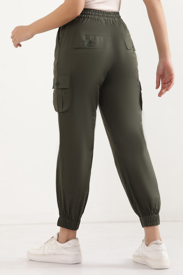 Elleven Women's Olive Green Solid Tapered Cotton Pants with Elasticated Waist
