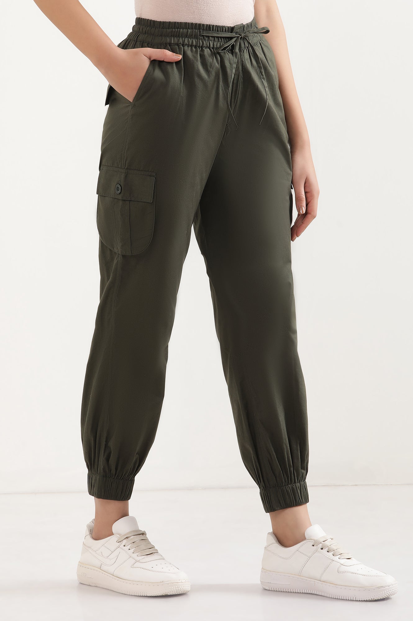Olive Green Solid Tapered Cotton Pants with Elasticated Waist