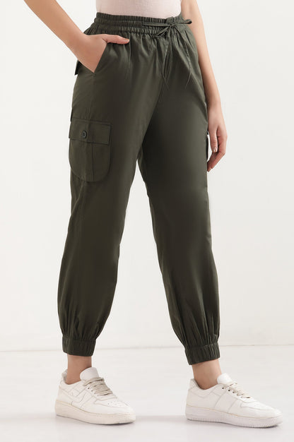 Olive Green Solid Tapered Cotton Pants with Elasticated Waist