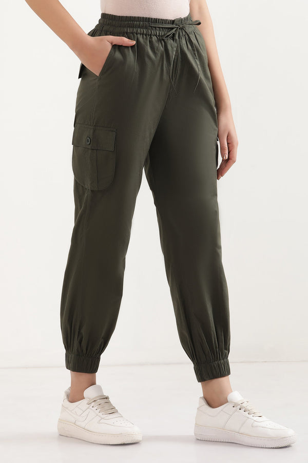 Elleven Women's Olive Green Solid Tapered Cotton Pants with Elasticated Waist