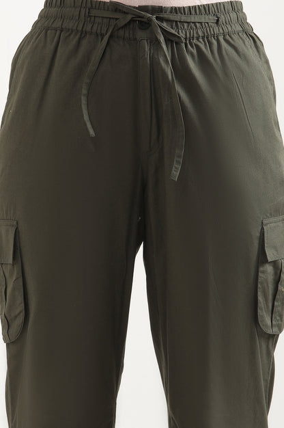 Olive Green Solid Tapered Cotton Pants with Elasticated Waist