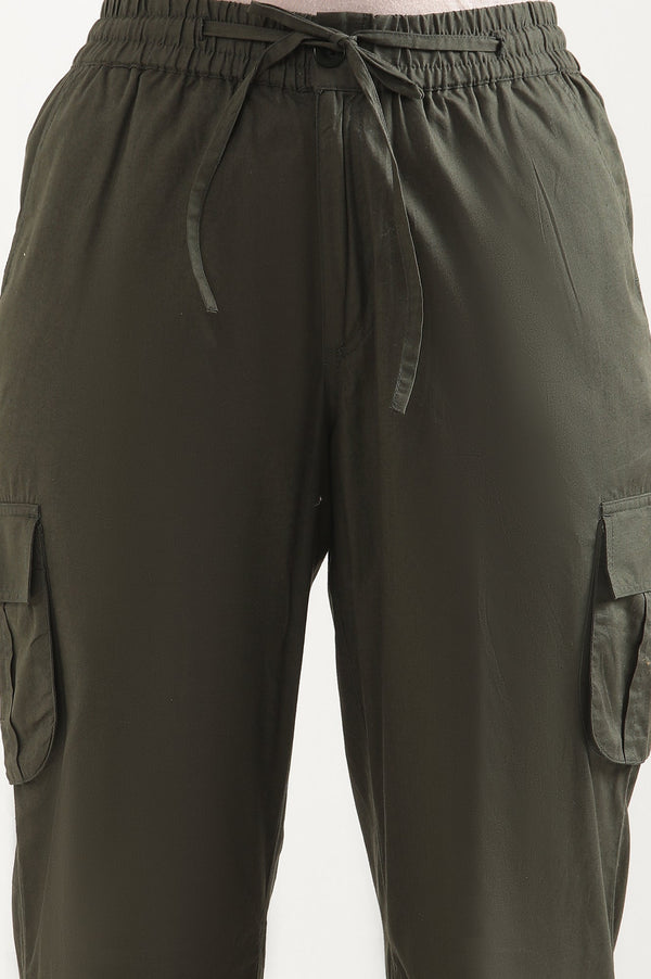 Elleven Women's Olive Green Solid Tapered Cotton Pants with Elasticated Waist