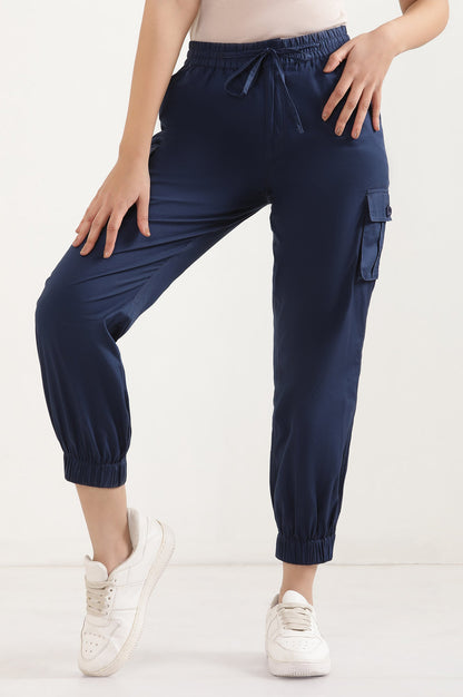 Navy Blue Solid Tapered Cotton Pants with Drawstring