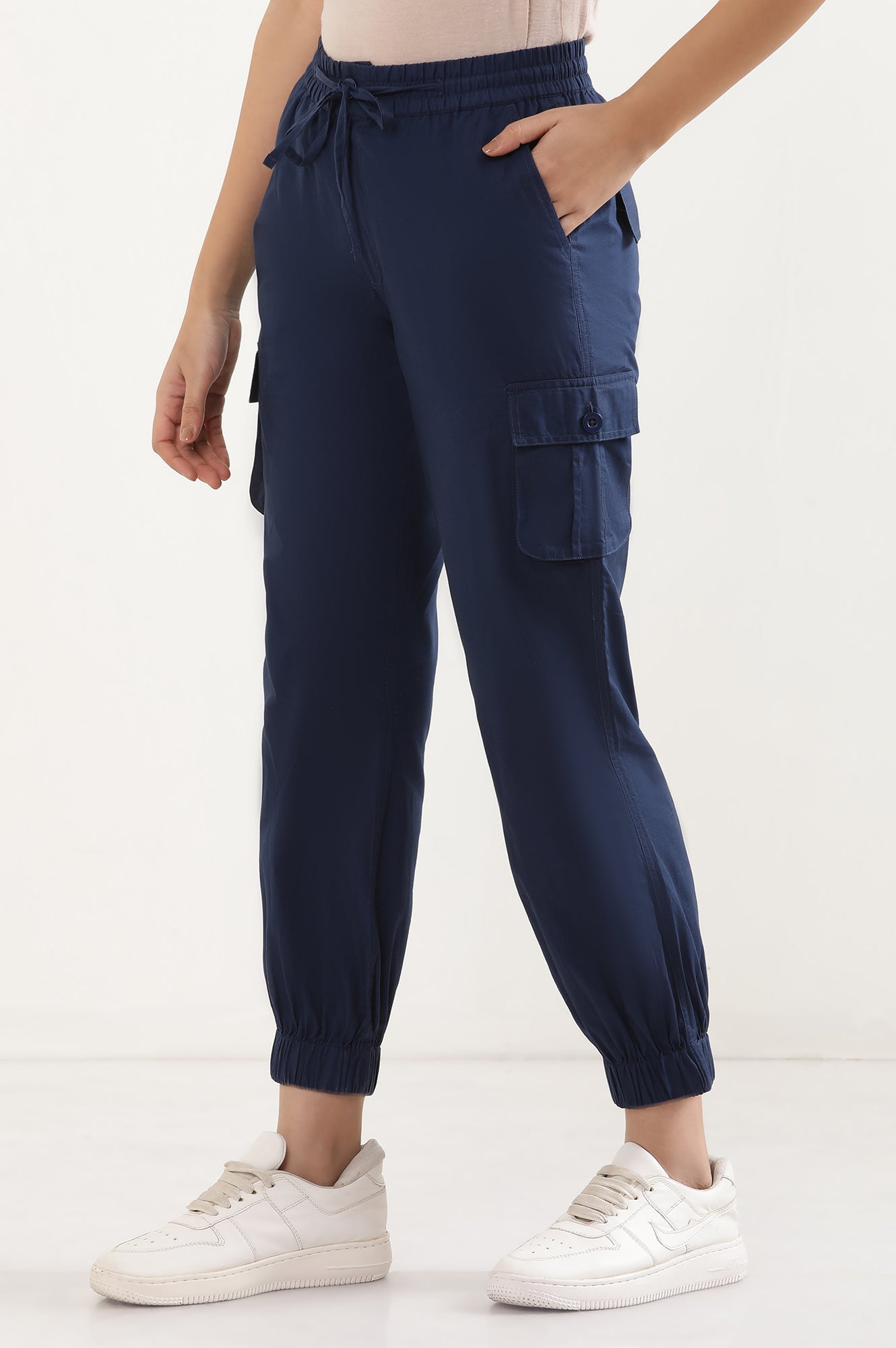 Navy Blue Solid Tapered Cotton Pants with Drawstring