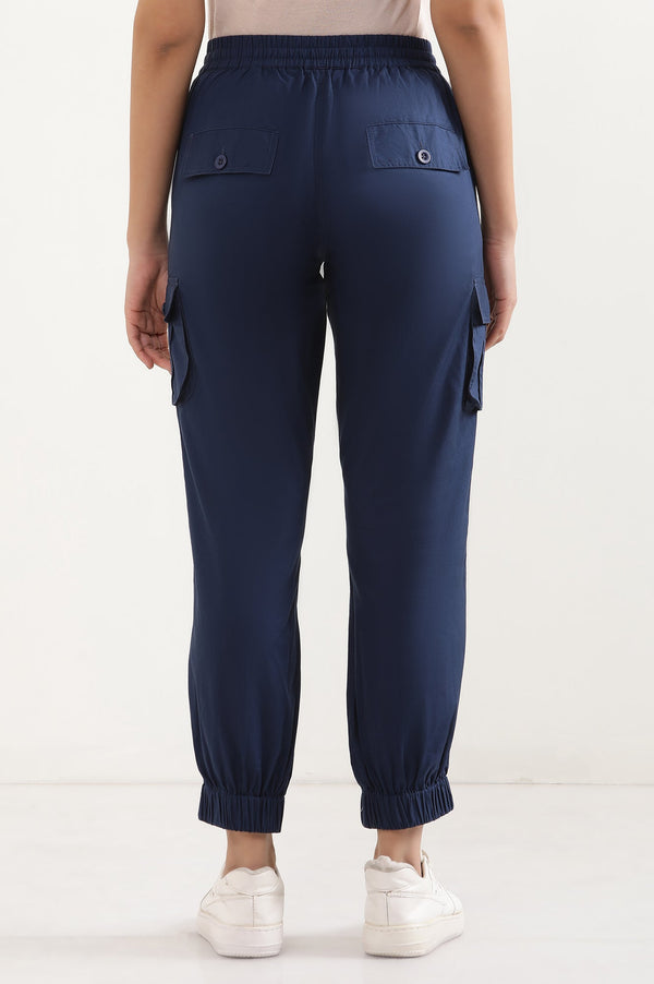 Elleven Women's Navy Blue Solid Tapered Cotton Pants with Drawstring