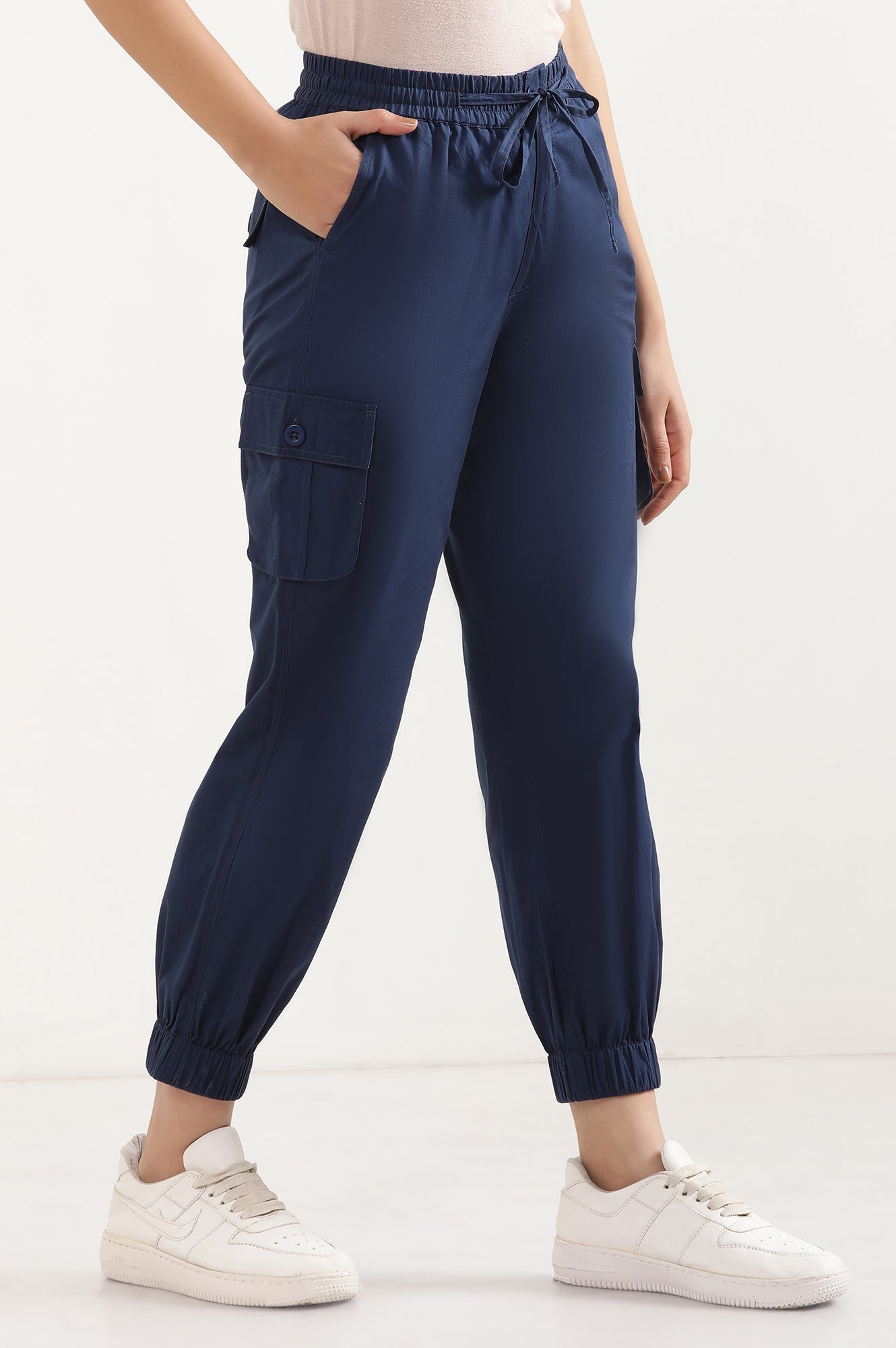 Navy Blue Solid Tapered Cotton Pants with Drawstring