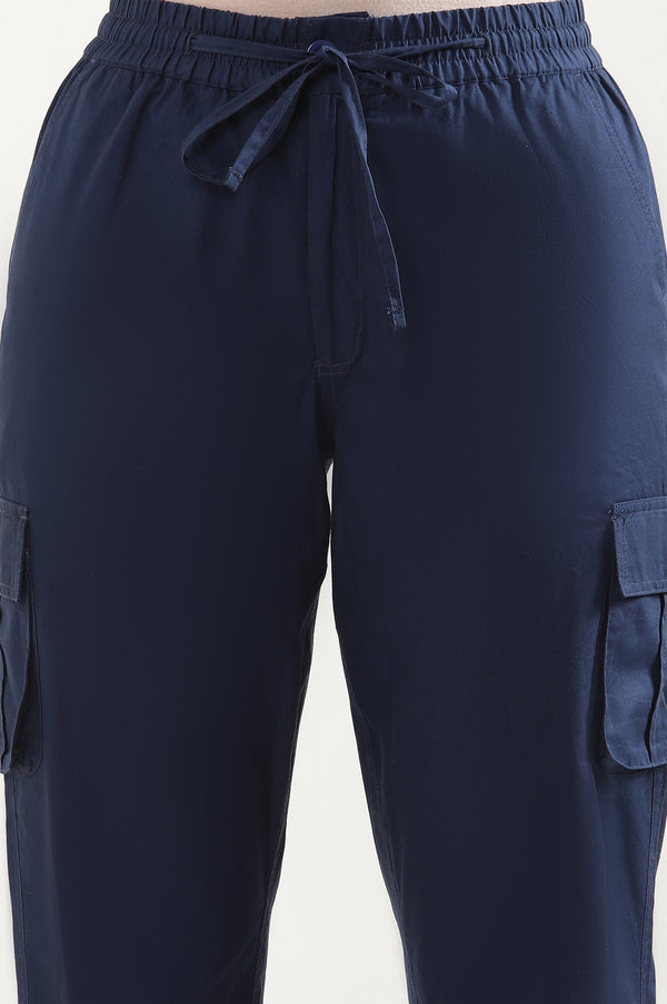 Elleven Women's Navy Blue Solid Tapered Cotton Pants with Drawstring