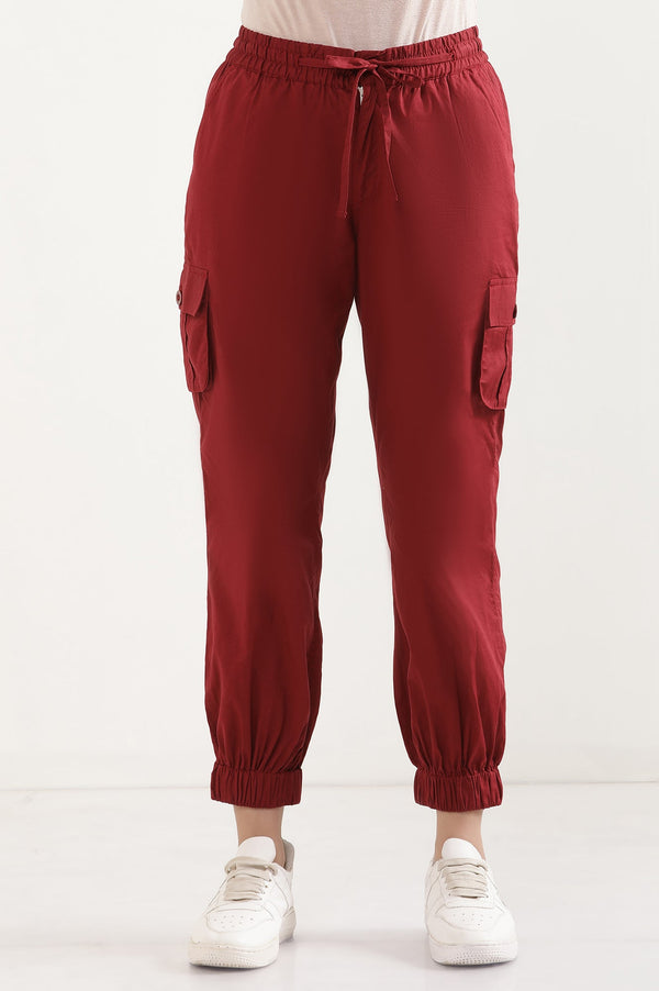 Elleven Women's Red Solid Tapered Cotton Pants With Drawstring
