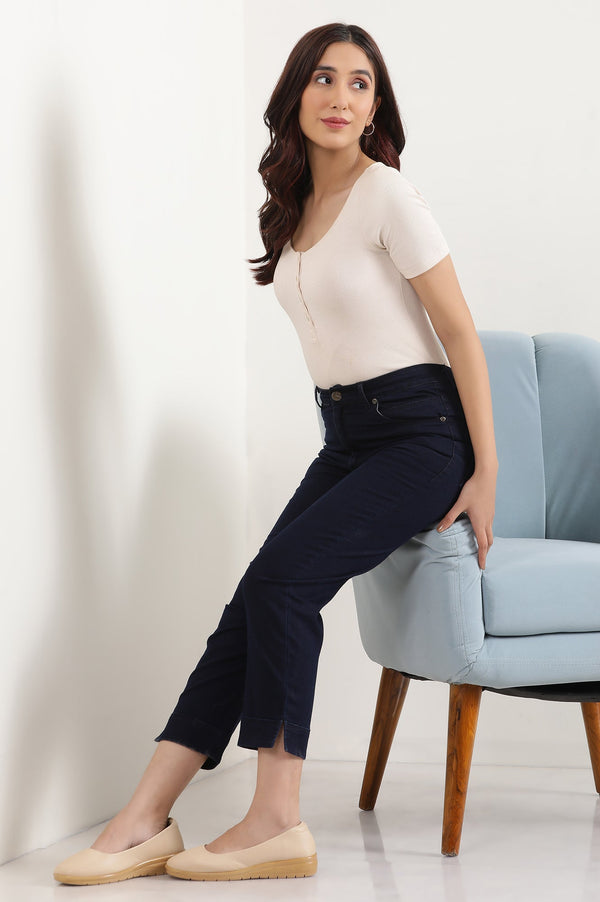 Navy Blue Solid Straight-fit Denim Pants with Side Slit