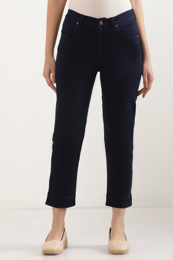 Navy Blue Solid Straight-fit Denim Pants with Side Slit