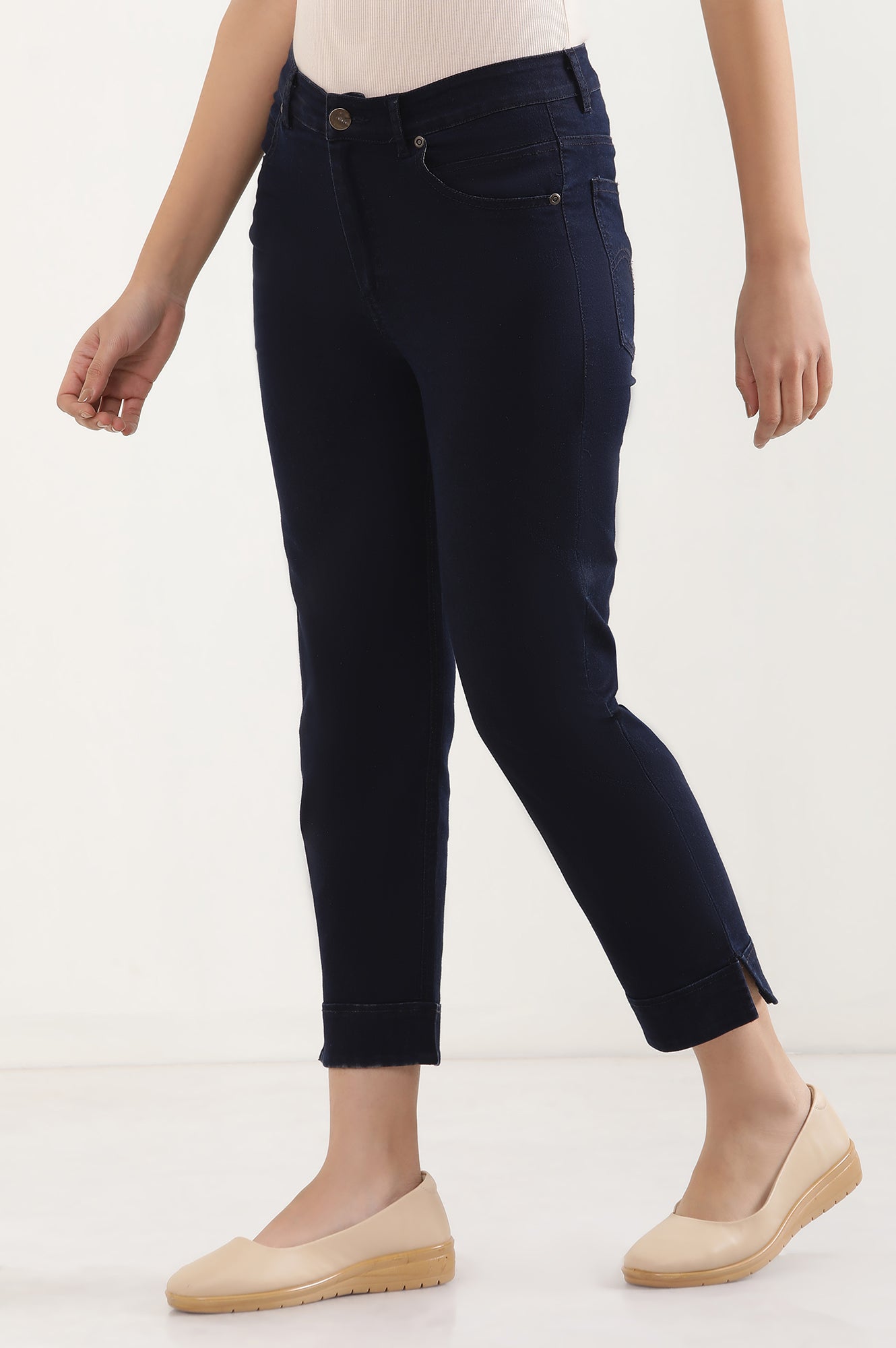 Navy Blue Solid Straight-fit Denim Pants with Side Slit