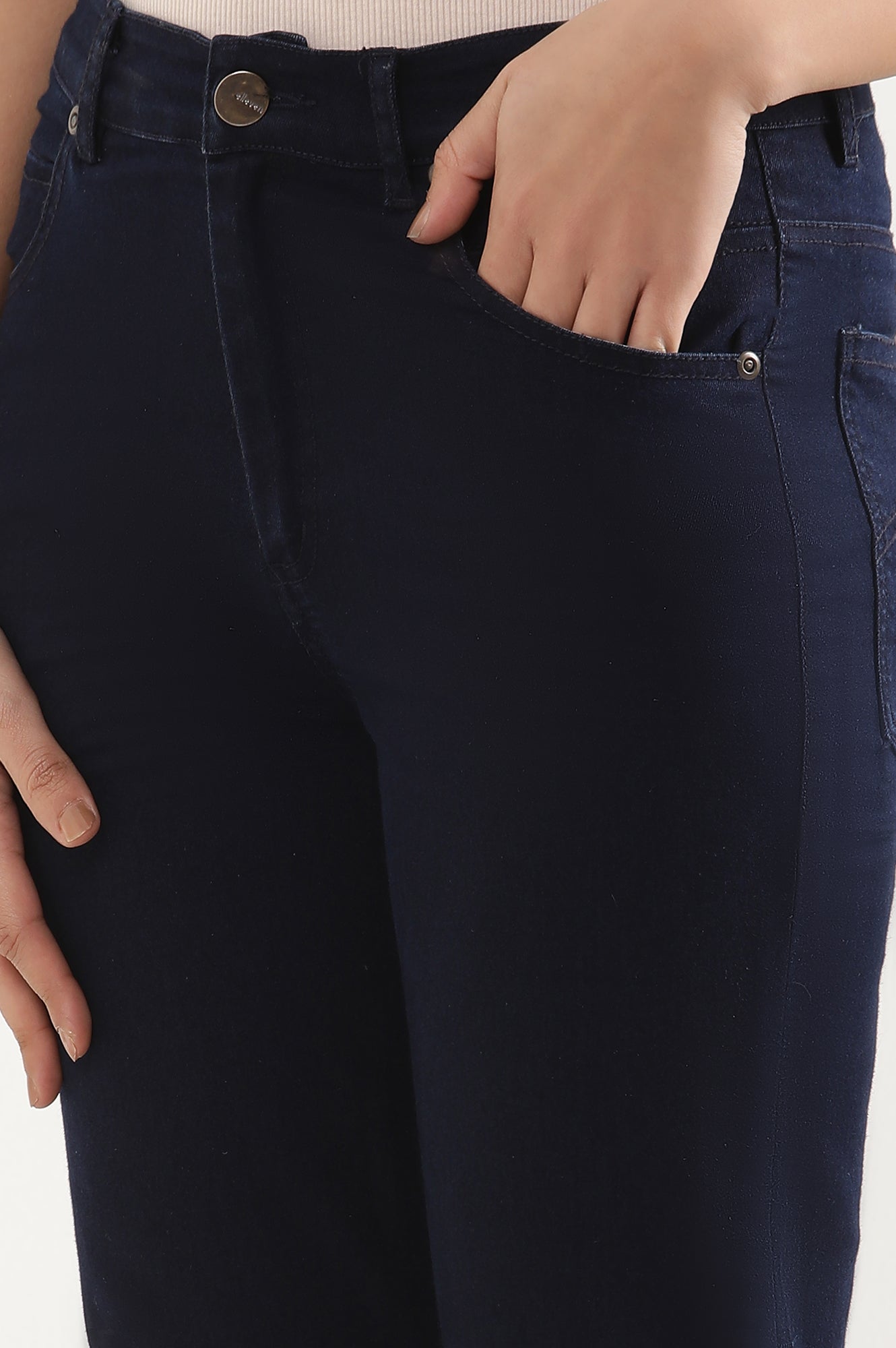 Navy Blue Solid Straight-fit Denim Pants with Side Slit