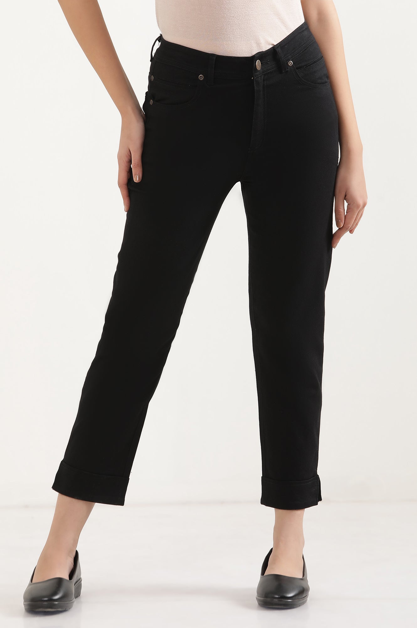 Black Solid Straight Fit Denim Pants With Side Slit
