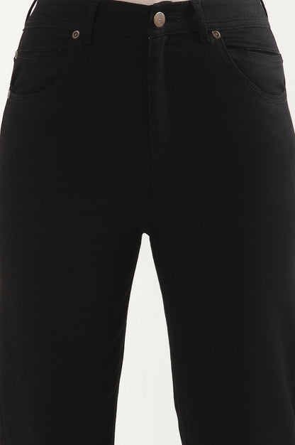Black Solid Straight Fit Denim Pants With Side Slit