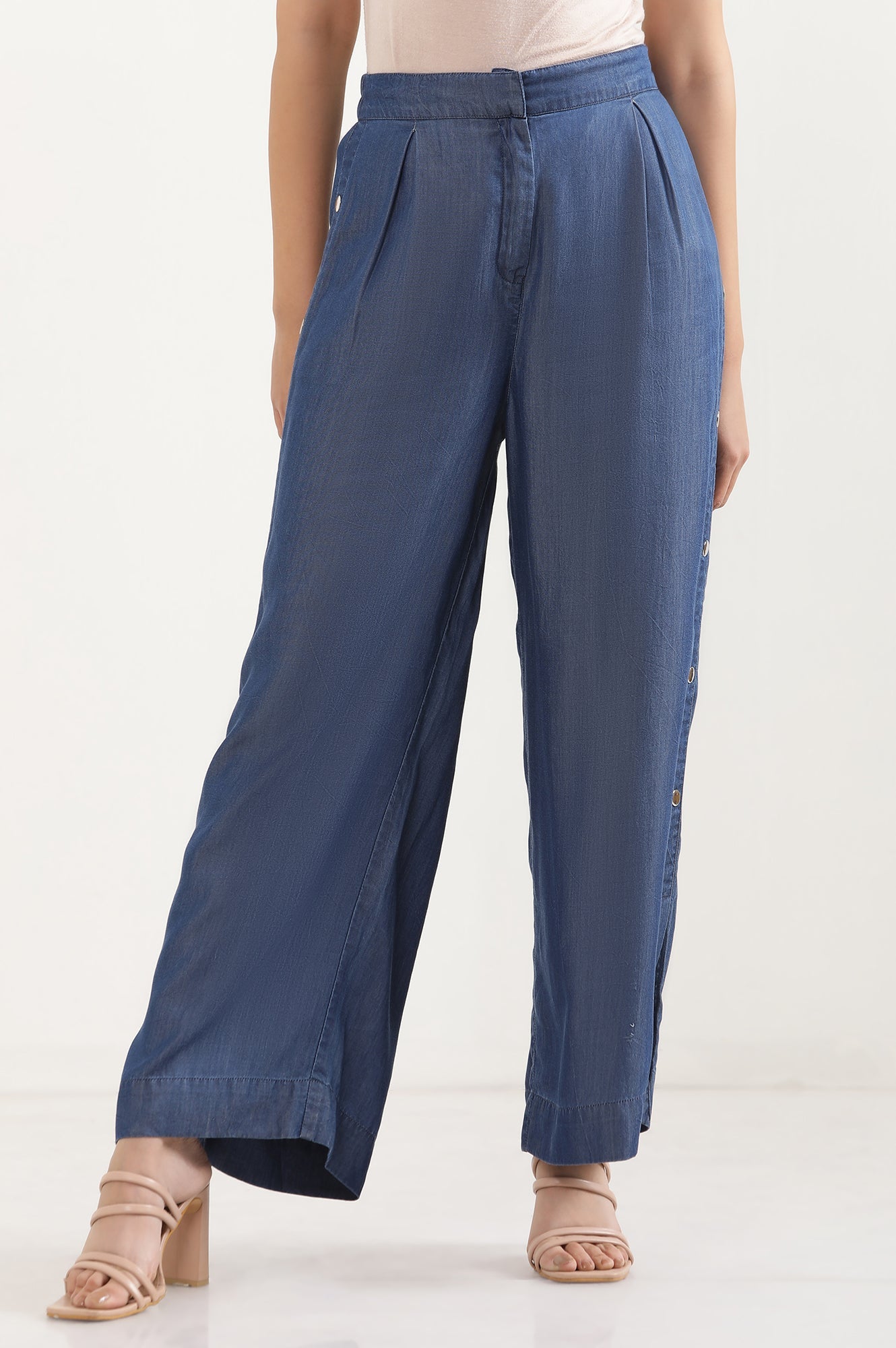 Blue Solid Wide Leg Denim Palazzo With Side Buttons