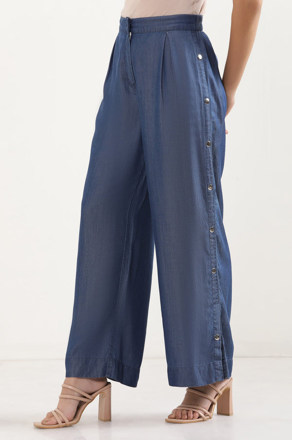 Blue Solid Wide Leg Denim Palazzo With Side Buttons