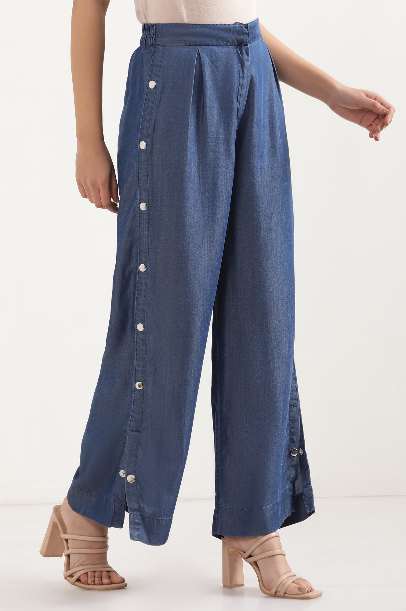 Blue Solid Wide Leg Denim Palazzo With Side Buttons