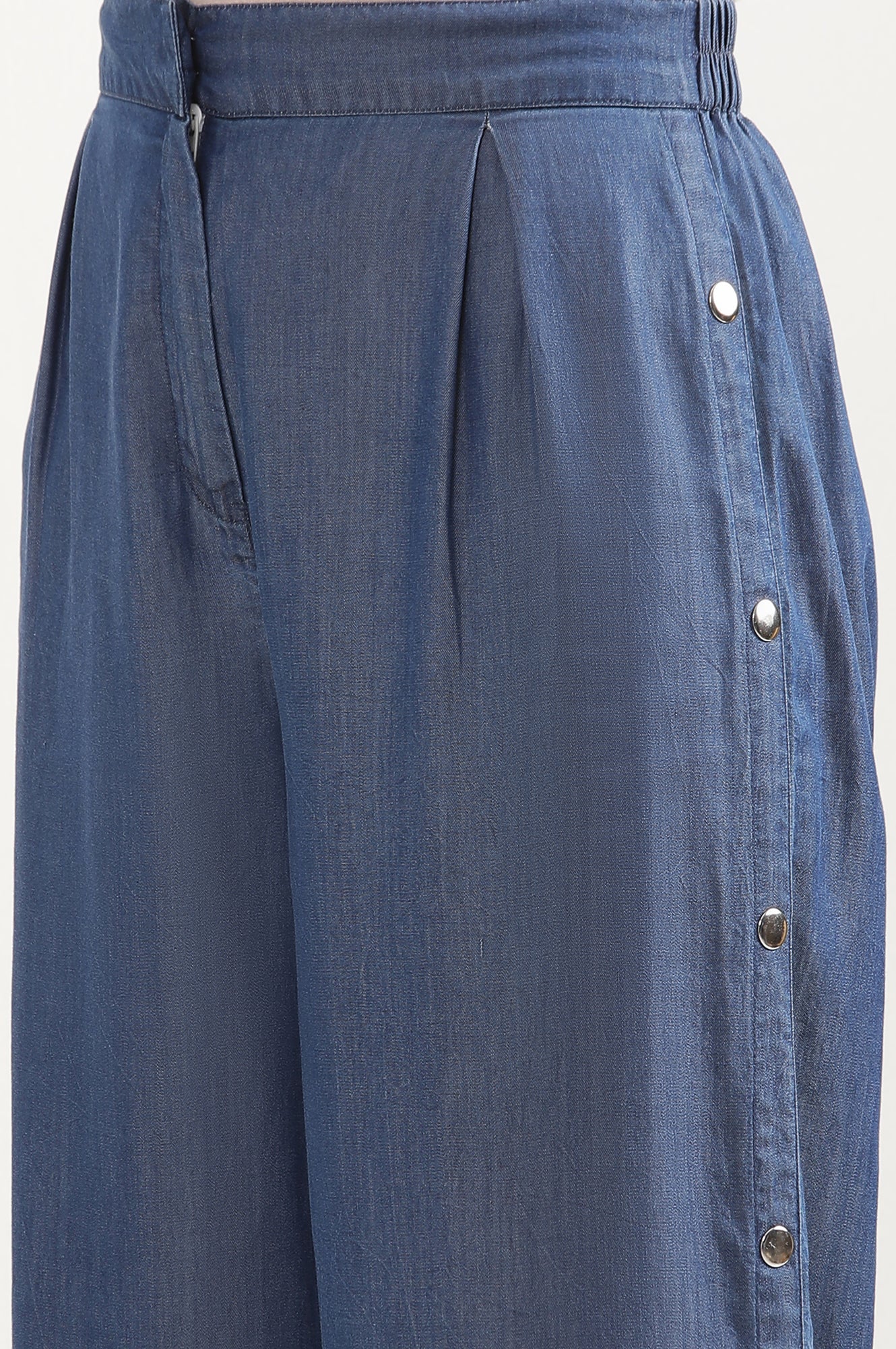 Blue Solid Wide Leg Denim Palazzo With Side Buttons