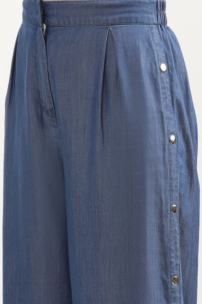 Blue Solid Wide Leg Denim Palazzo With Side Buttons