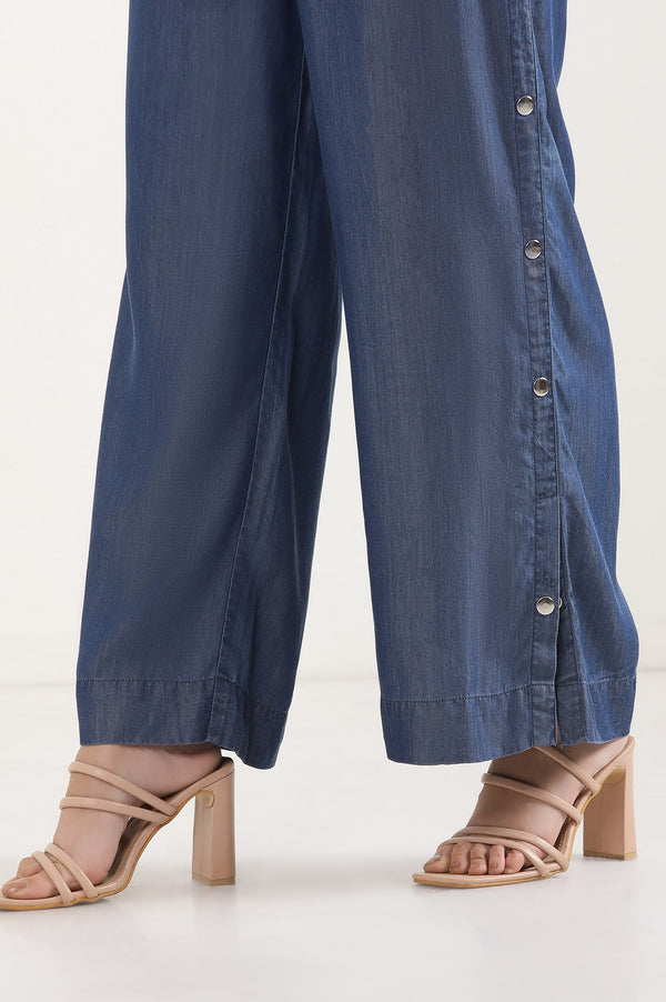 Blue Solid Wide Leg Denim Palazzo With Side Buttons