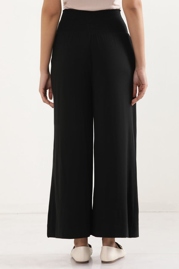 Elleven Women's Black Solid Flared Pants With Smocked Waistbelt