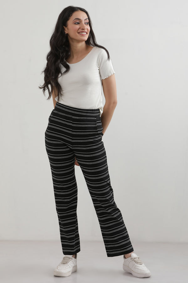 Elleven Women's Black Striped Straight Fit Cotton Pants With Slip On Closure