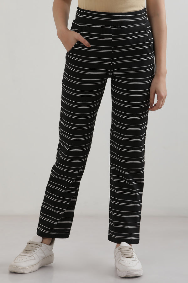 Elleven Women's Black Striped Straight Fit Cotton Pants With Slip On Closure
