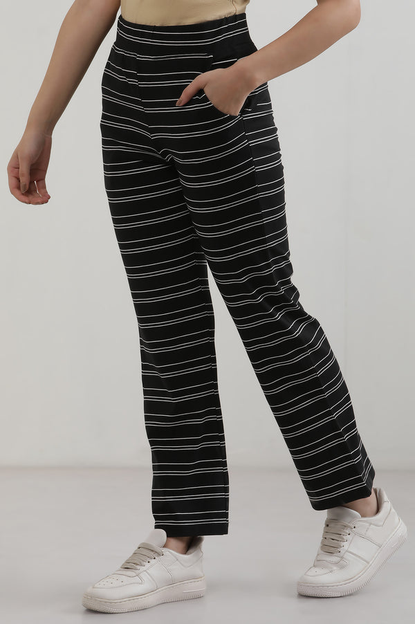 Elleven Women's Black Striped Straight Fit Cotton Pants With Slip On Closure