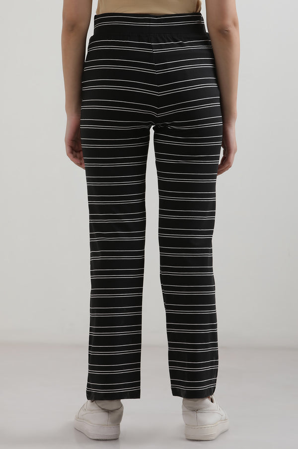 Elleven Women's Black Striped Straight Fit Cotton Pants With Slip On Closure