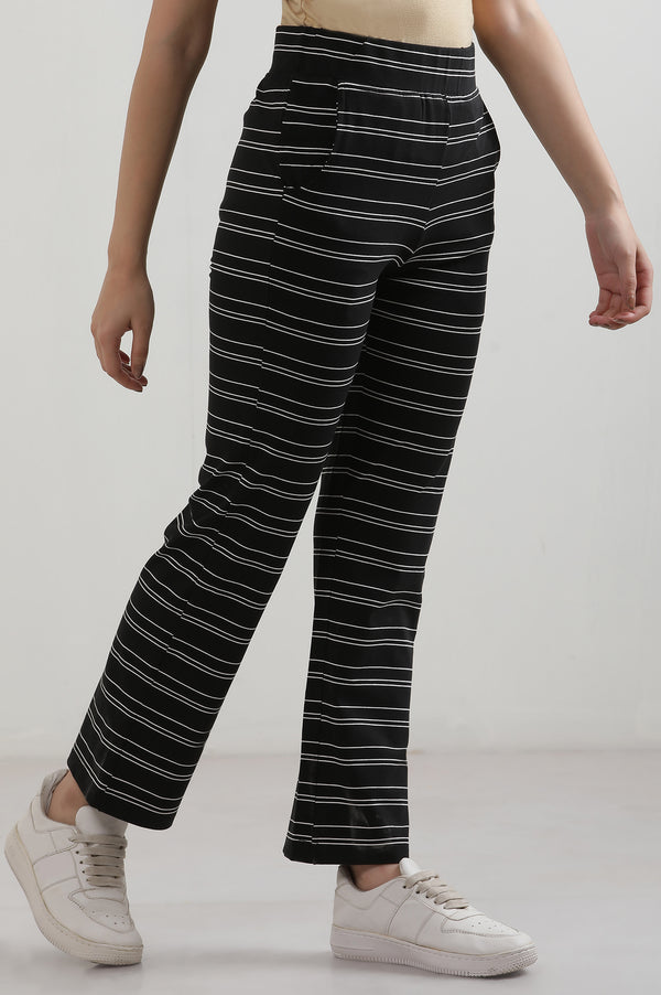 Elleven Women's Black Striped Straight Fit Cotton Pants With Slip On Closure