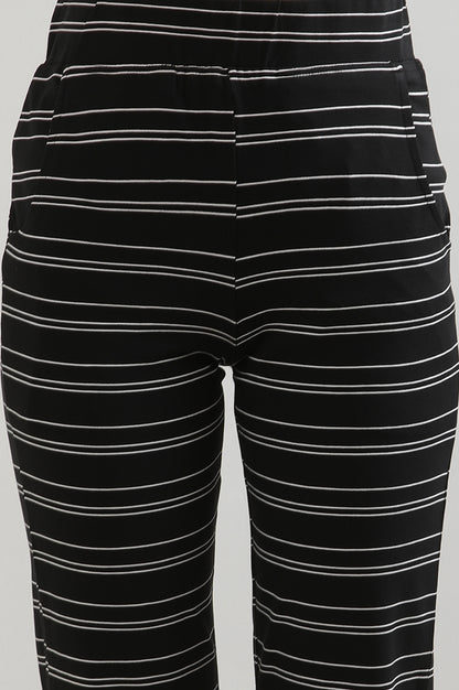Black Yarn Dyed Cotton Blend Straight Trousers &amp; Pants