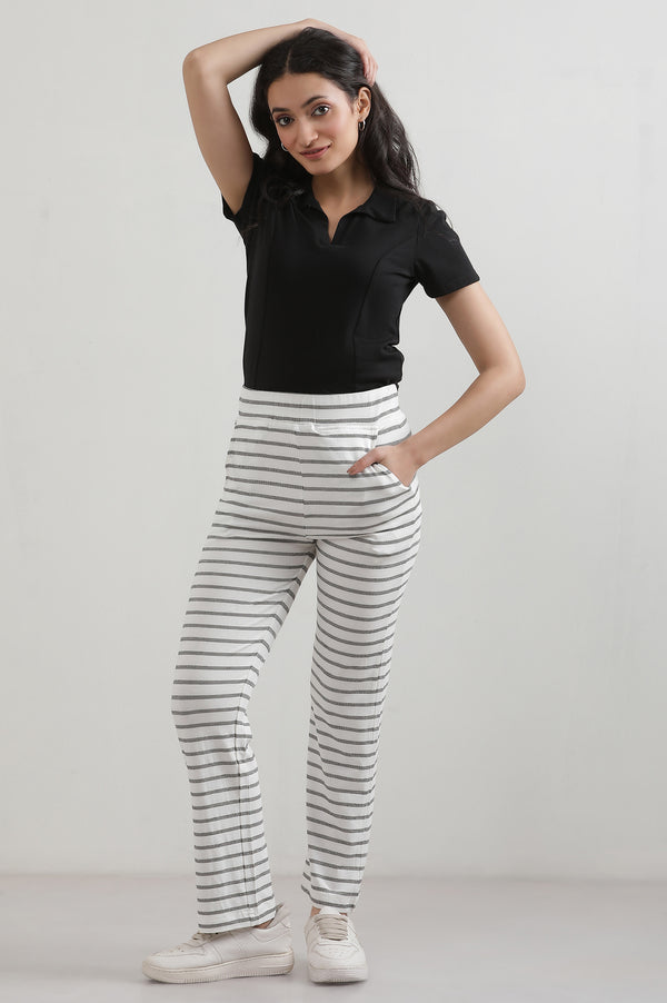 Elleven Women's White Striped Straight Fit Cotton Pants With Slip On Closure