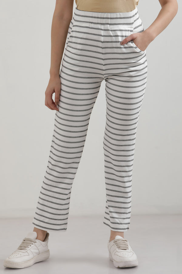 Elleven Women's White Striped Straight Fit Cotton Pants With Slip On Closure