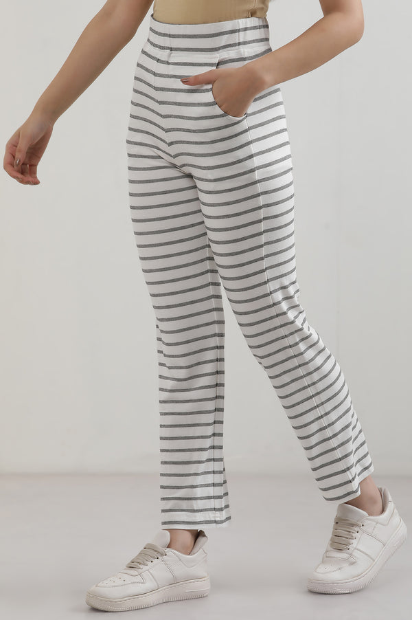 Elleven Women's White Striped Straight Fit Cotton Pants With Slip On Closure