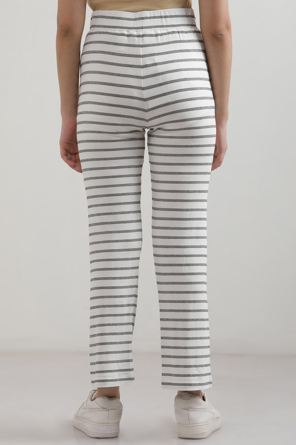 Elleven Women's White Striped Straight Fit Cotton Pants With Slip On Closure