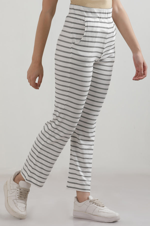 Elleven Women's White Striped Straight Fit Cotton Pants With Slip On Closure