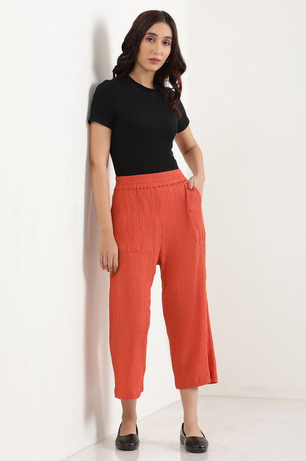 Elleven Women's Rust Solid Wide Leg Rayon Culottes With Elasticated Waist