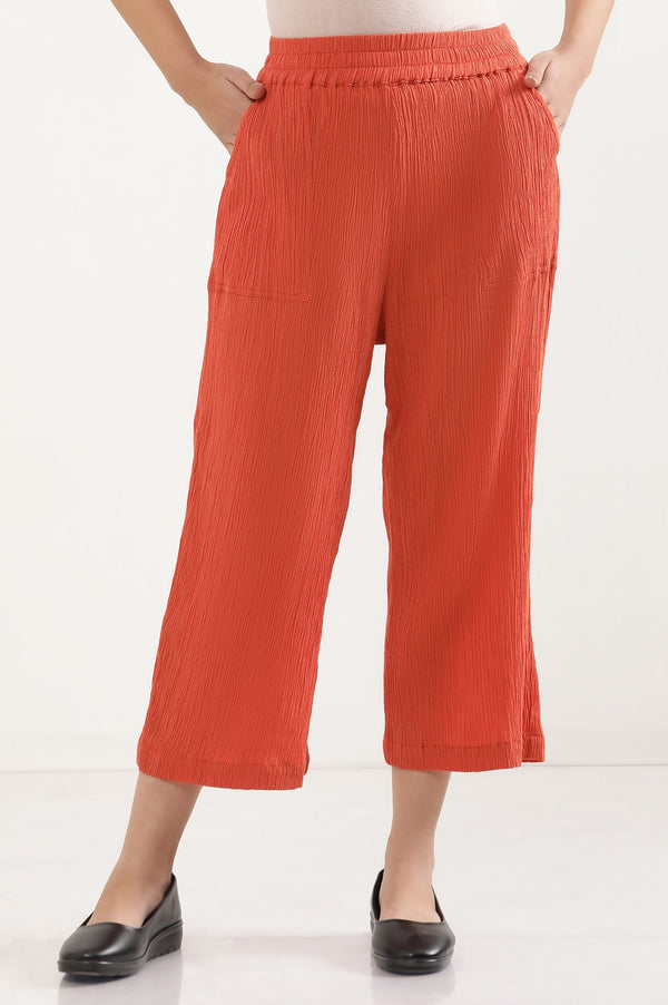 Elleven Women's Rust Solid Wide Leg Rayon Culottes With Elasticated Waist