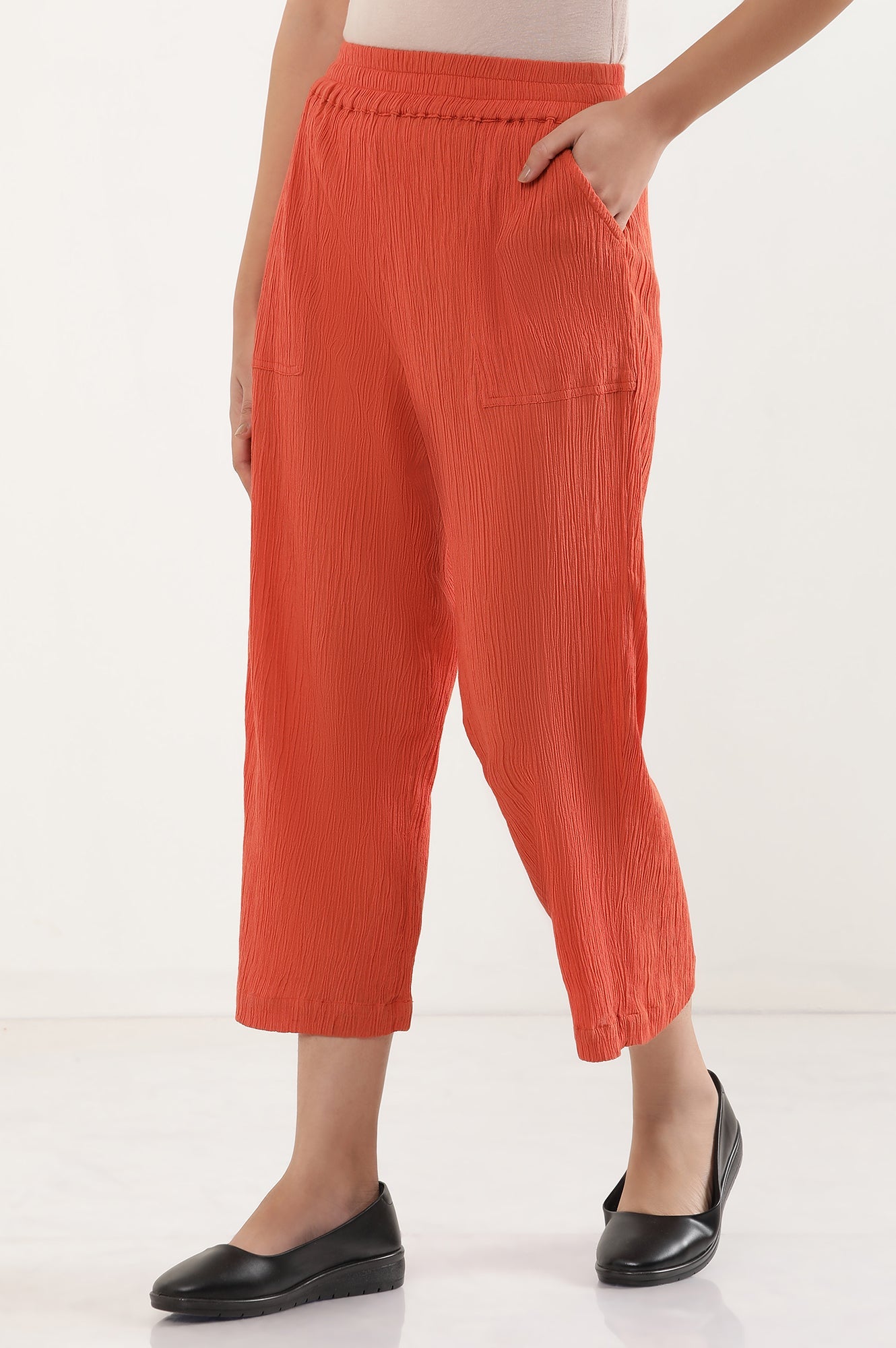 Rust Solid Wide Leg Rayon Culottes With Elasticated Waist