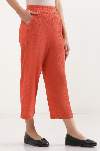 Rust Solid Wide Leg Rayon Culottes With Elasticated Waist