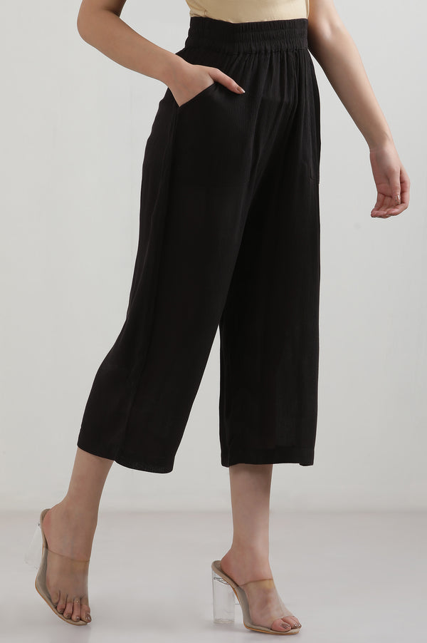 Black Solid Flared Rayon Culottes With Elasticated Waist