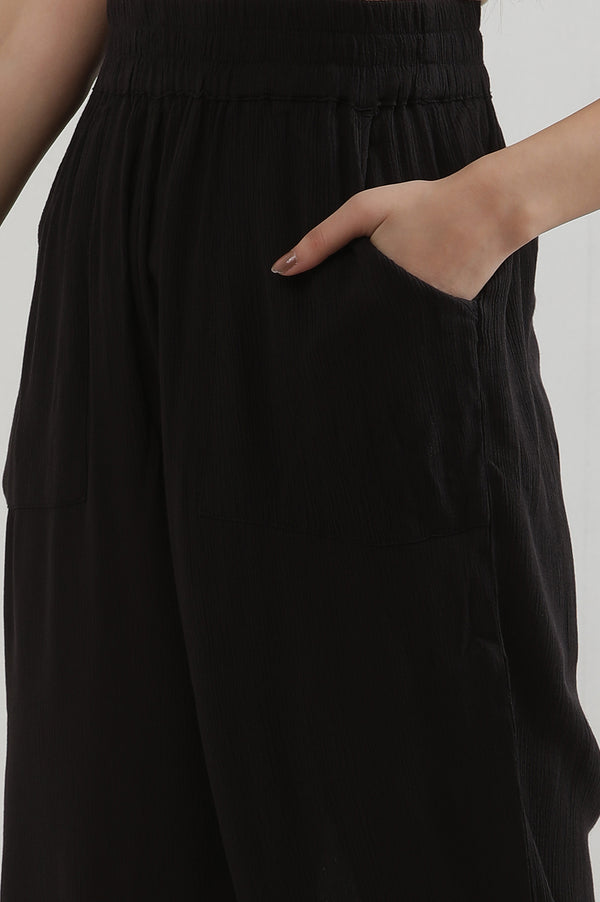 Black Solid Flared Rayon Culottes With Elasticated Waist