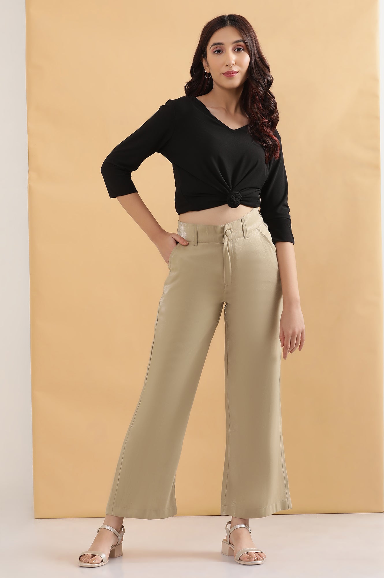 Gold Solid Straight Fit Woven Pants With Elasticated Back