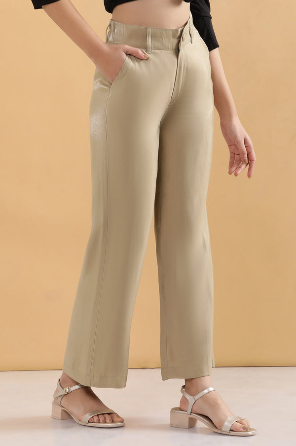 Elleven Women's Gold Solid Straight Fit Woven Pants With Elasticated Back