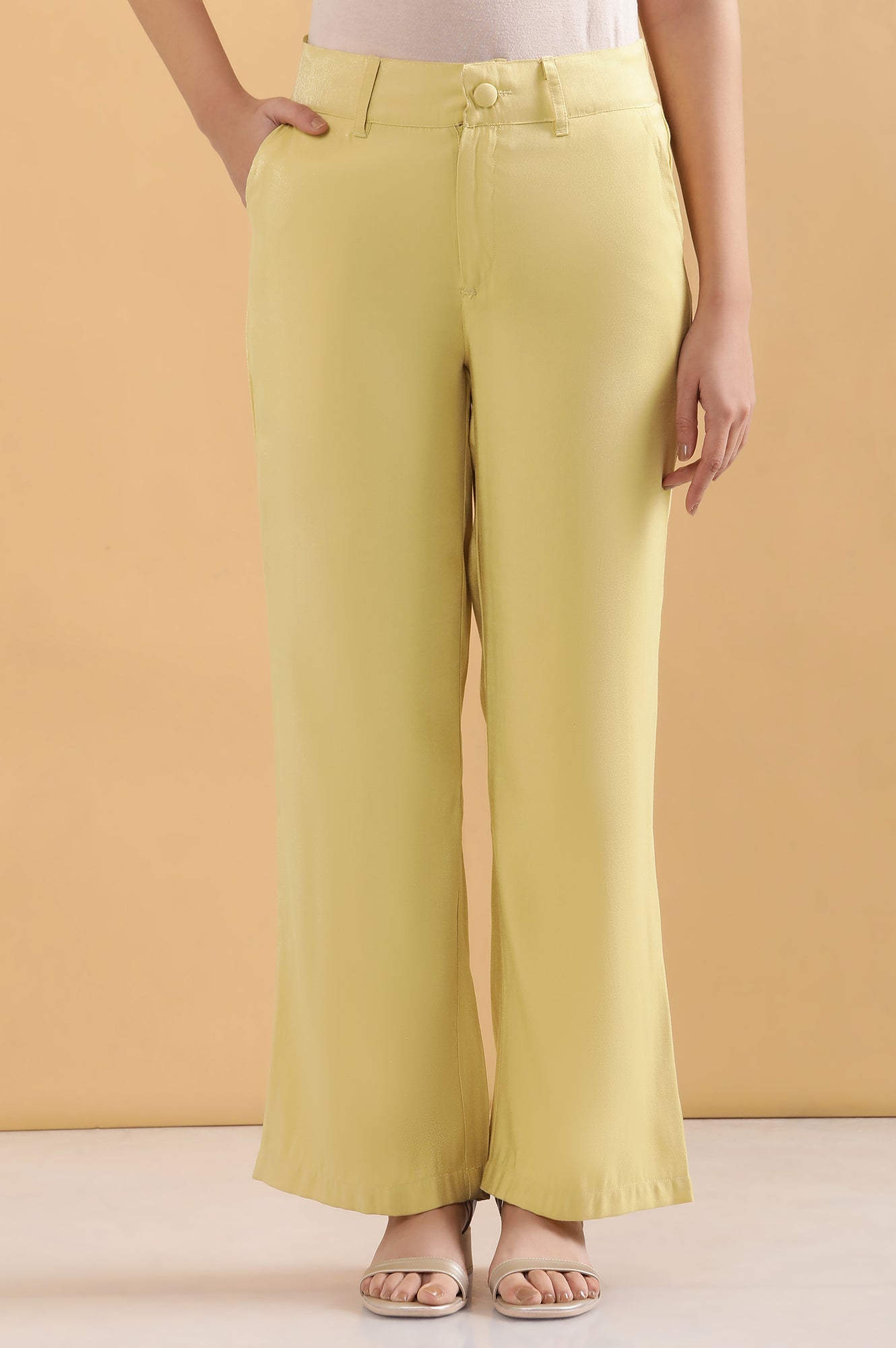 Yellow Solid Straight Fit Woven Pants With Elasticated Back