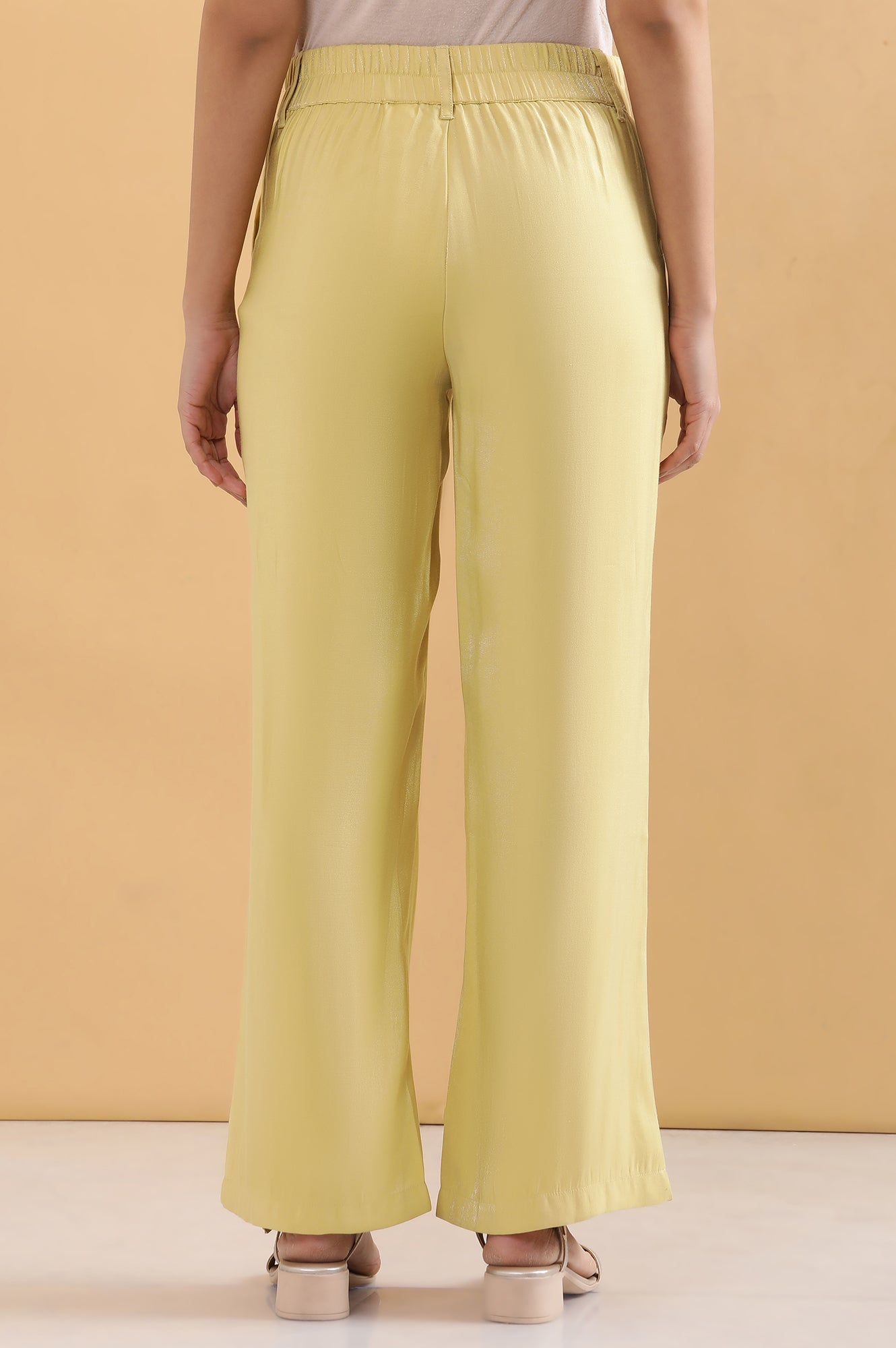 Yellow Solid Straight Fit Woven Pants With Elasticated Back