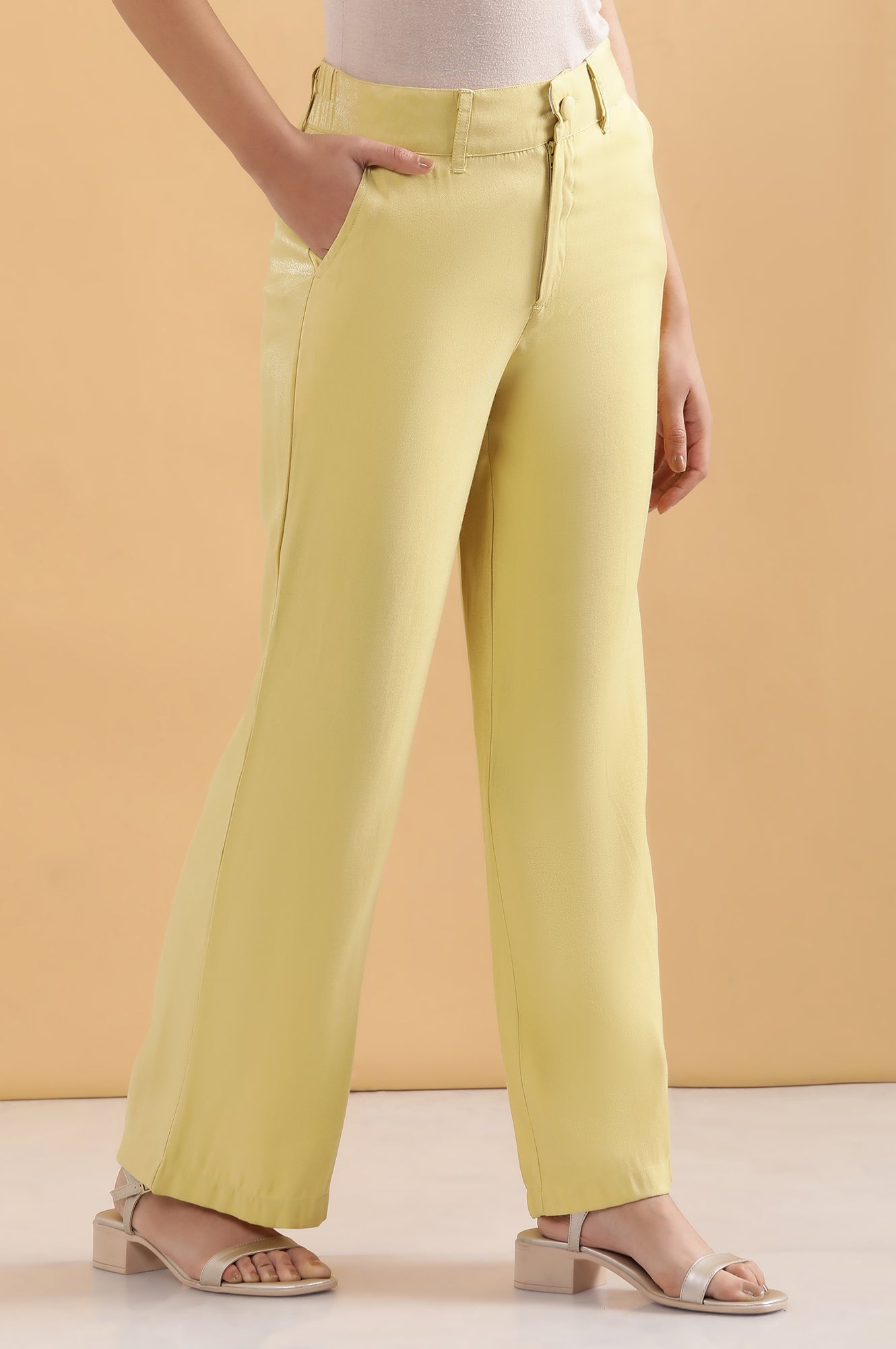 Yellow Solid Straight Fit Woven Pants With Elasticated Back