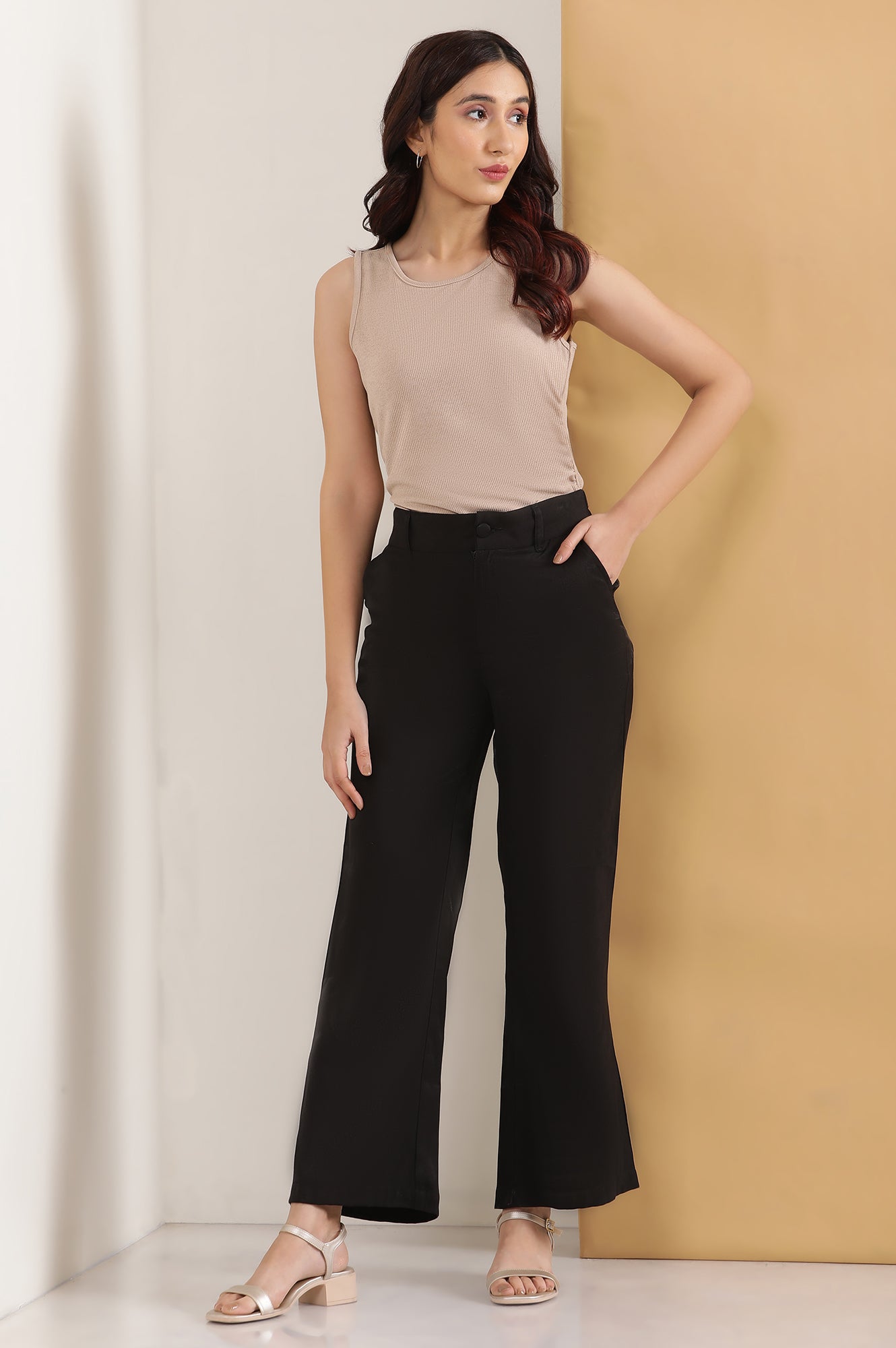 Black Solid Straight Fit Rayon Pants With Button And Zip Closure