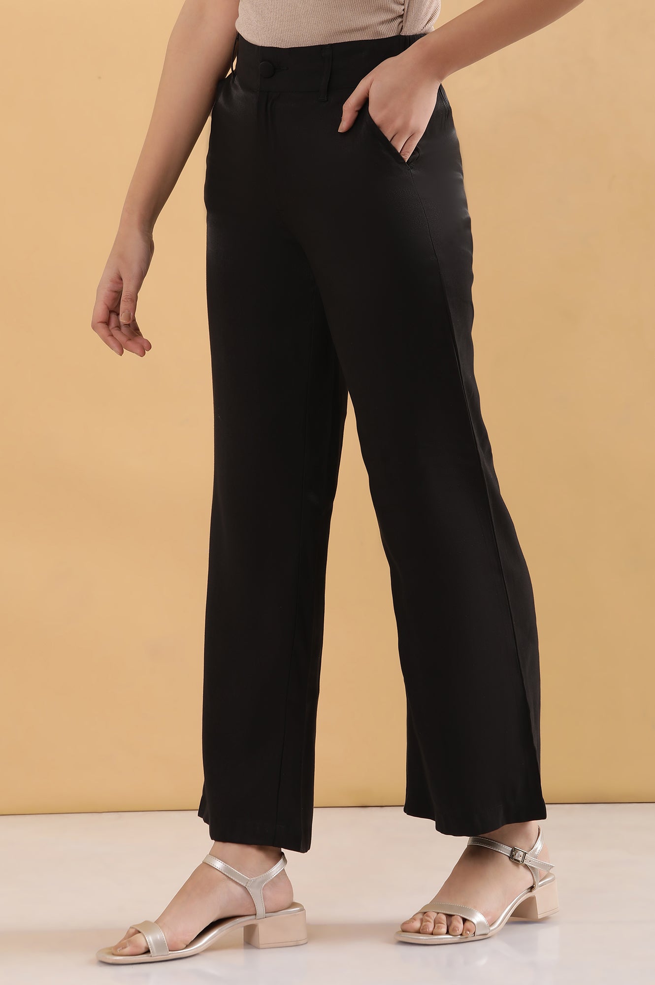 Black Solid Straight Fit Rayon Pants With Button And Zip Closure